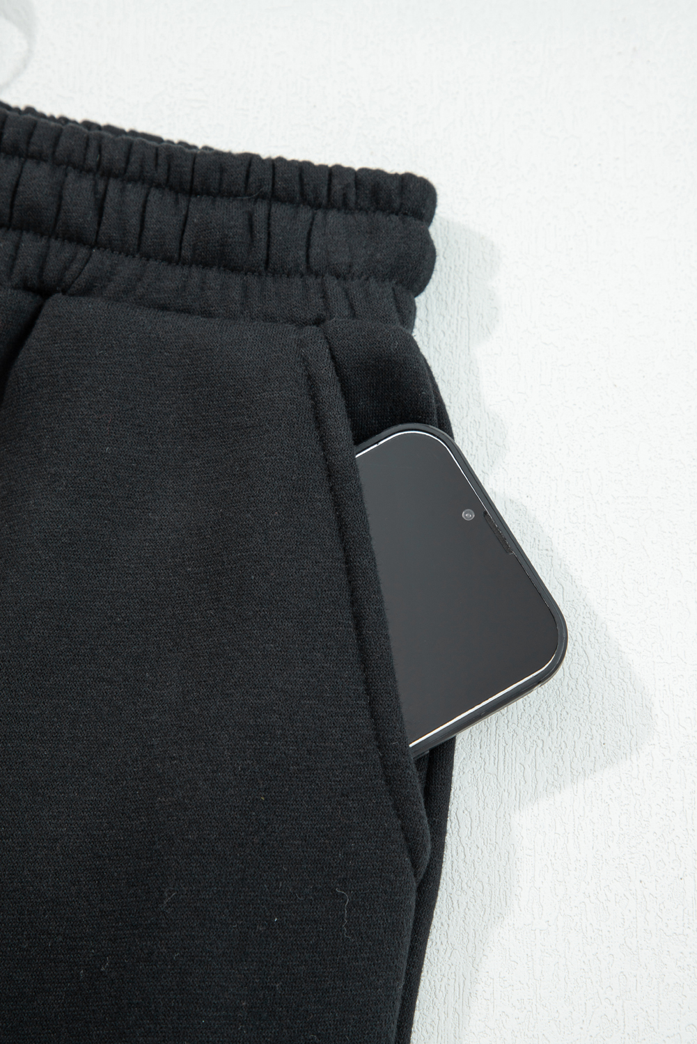 Black Fleece Lined Leopard Drawstring Elastic Waist Solid Pants - Image 7