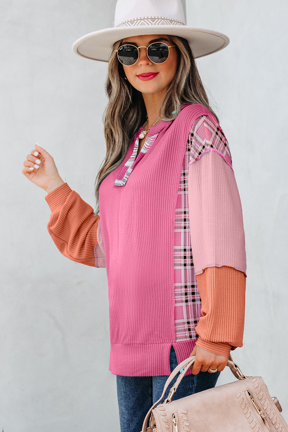 Rose Red Corded Texture Plaid Colorblock Patchwork Split Neck Long Sleeve Top - Image 11