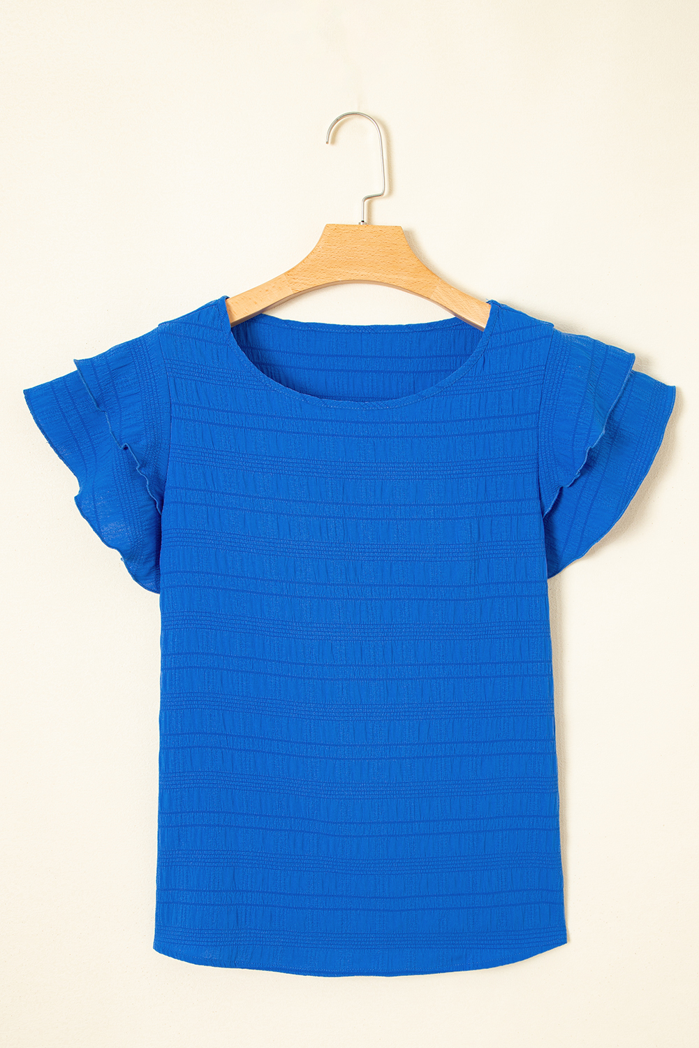 Dark Blue Textured Ruffled Sleeve Round Neck Top - Image 4