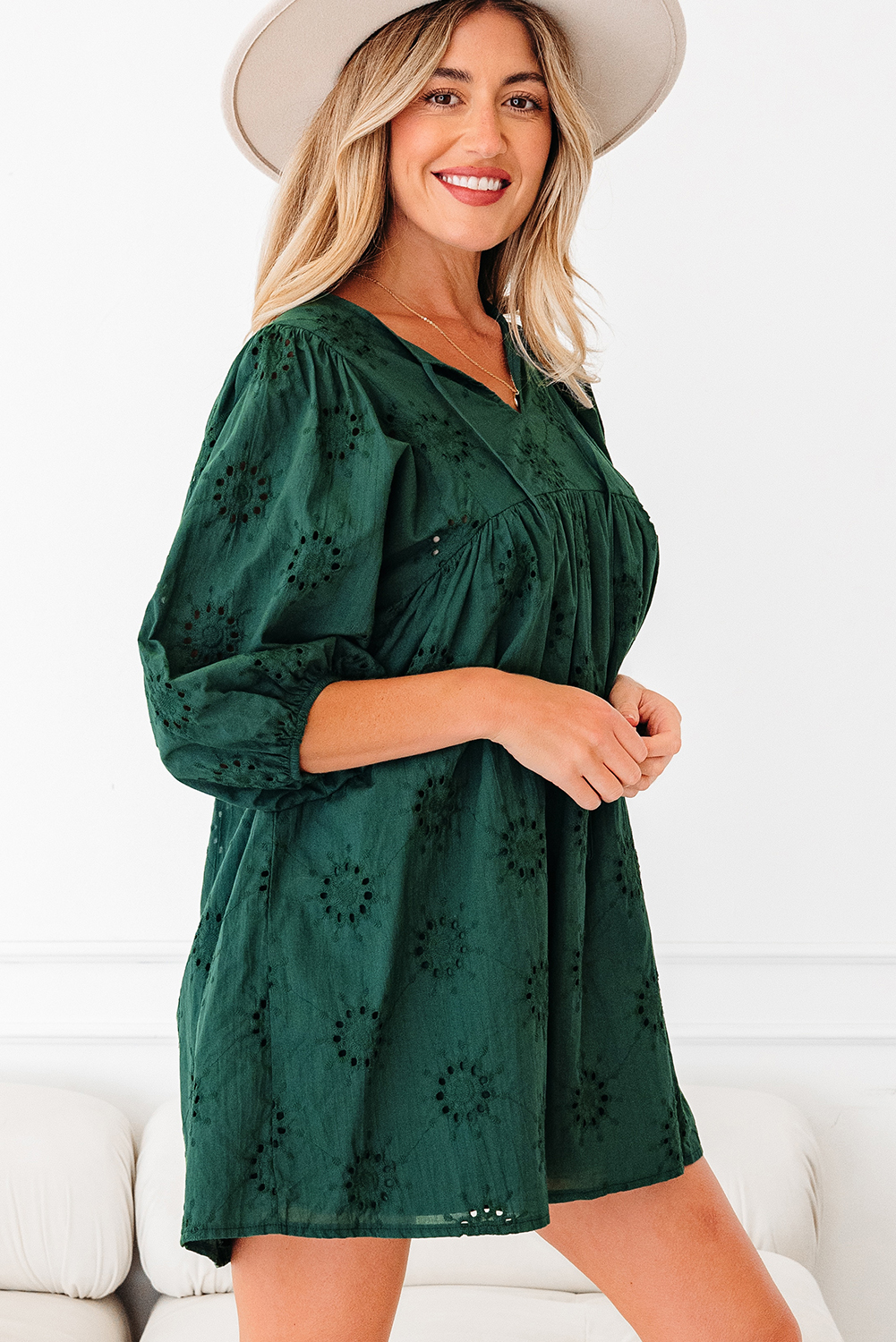 Blackish Green Embroidered Eyelet Pattern 3/4 Puffy Sleeve Swing Mini Dress - Image 3