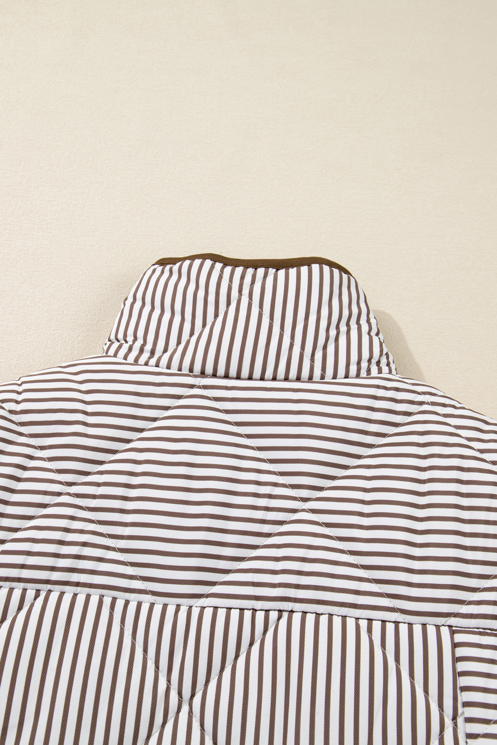 Brown Stripe Quilted Wavy Hem Snap Button Plus Size Vest - Image 8