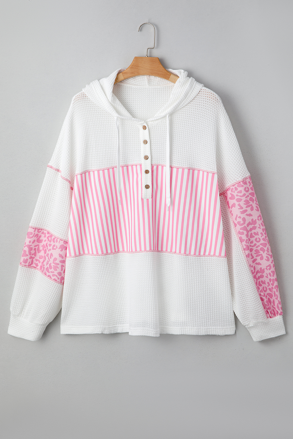 Pink Stripe Leopard Patchwork Waffle Knit Buttoned Plus Size Hoodie - Image 8