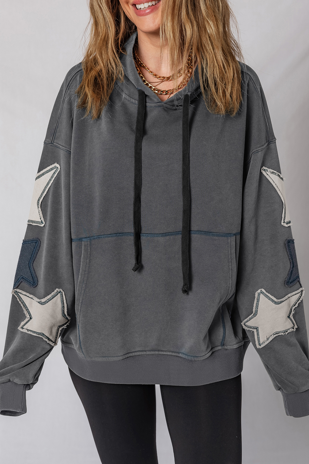 Carbon Grey Star Patchwork Contrast Stitching Mineral Wash Kangaroo Pocket Vintage Hoodie - Image 4