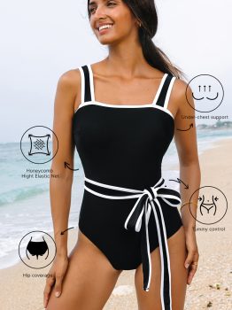 Black Colorblock Edge Belted One Piece Swimsuit