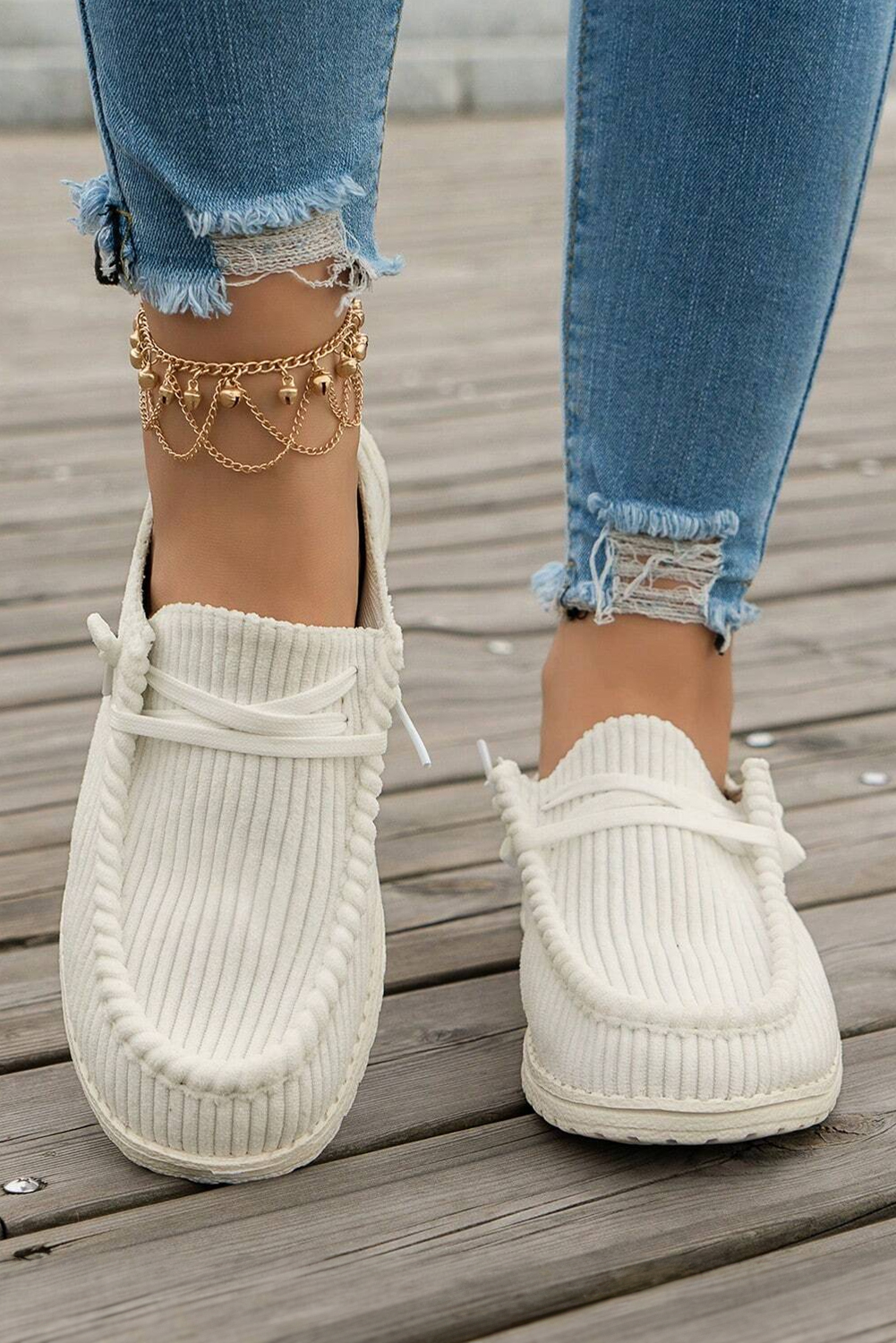 White Solid Ribbed Criss Cross Slip On Casual Shoes - Image 2