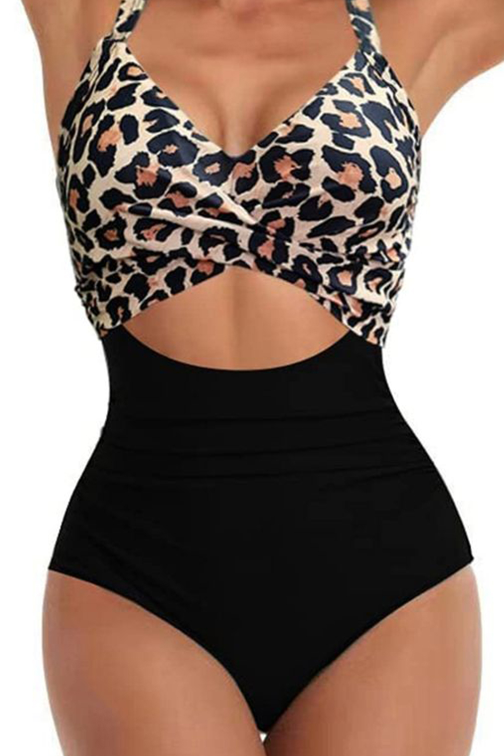 Black Leopard 2-tone Crossed Cutout Backless Monokini - Image 3