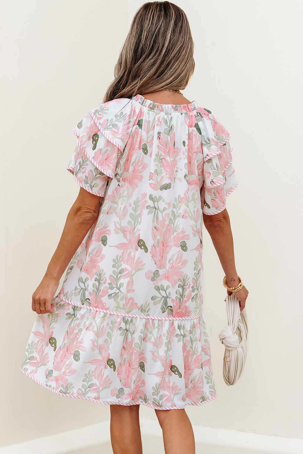 Pink Floral Contrast Edge Layered Short Sleeve Mini Dress - Image 4