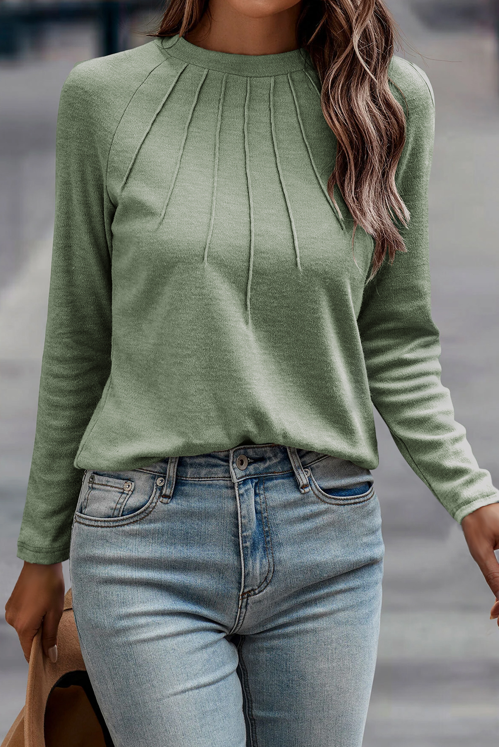 Laurel Green Solid Color Seam Detail Raglan Long Sleeve Top - Image 3