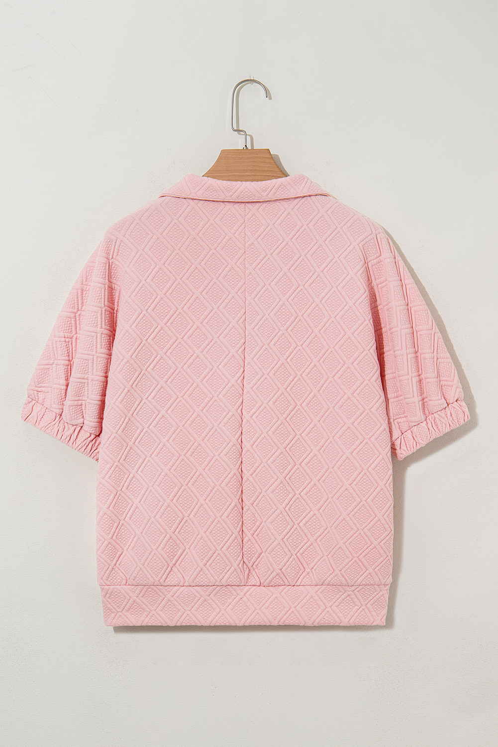 Light Pink Contrast Striped Collar Patchwork Textured Half Sleeve Blouse - Image 6