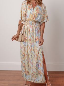Multicolour Geometric Print Half Sleeve Shirred High Waist Maxi Dress