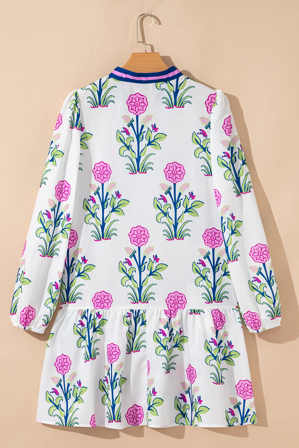 White Floral Print Contrast Striped Trim Notched Neck Long Sleeve Dress - Image 6