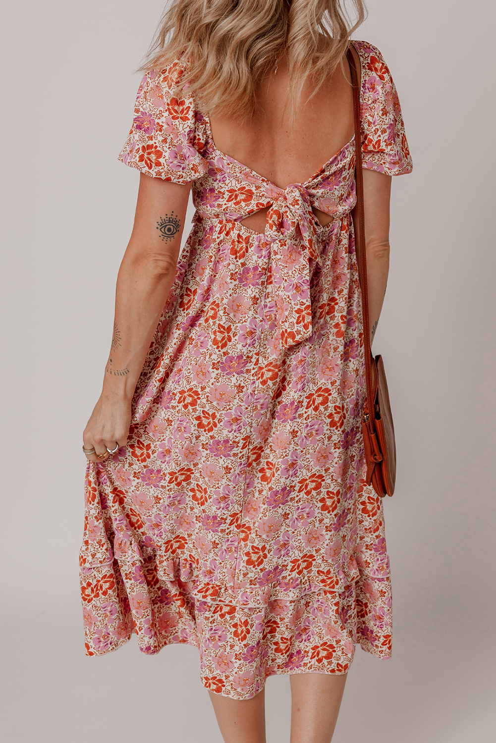 Pink Floral Square Neck Knotted Ruffle Midi Dress - Image 2