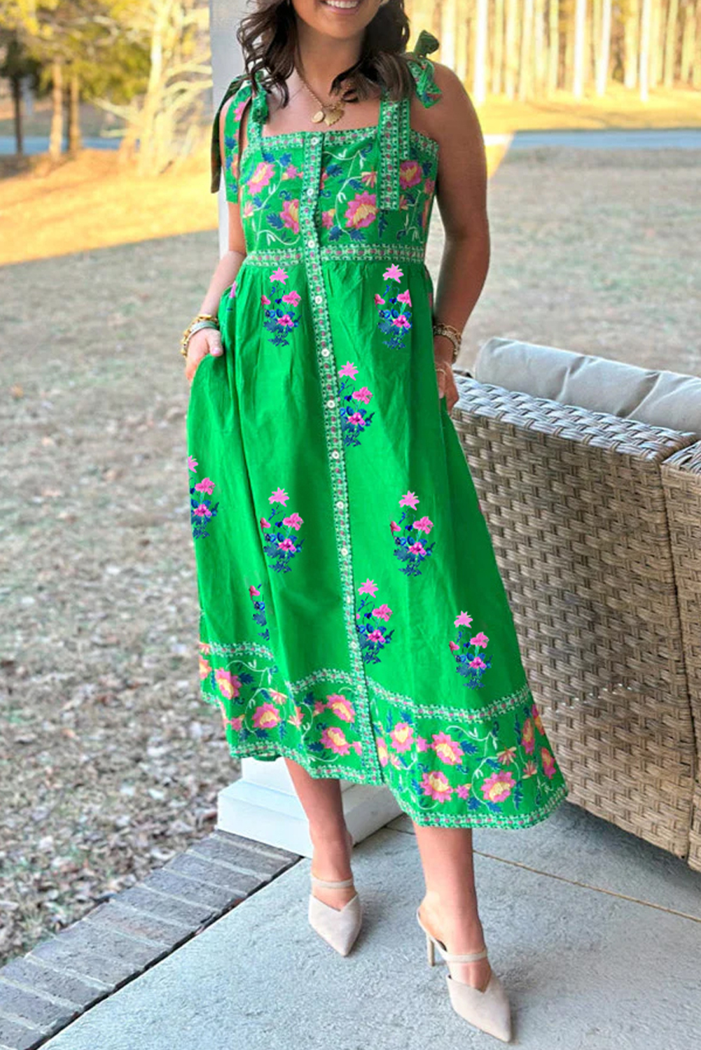 Green Floral Print Contrast Trim Knotted Straps Midi Dress - Image 2
