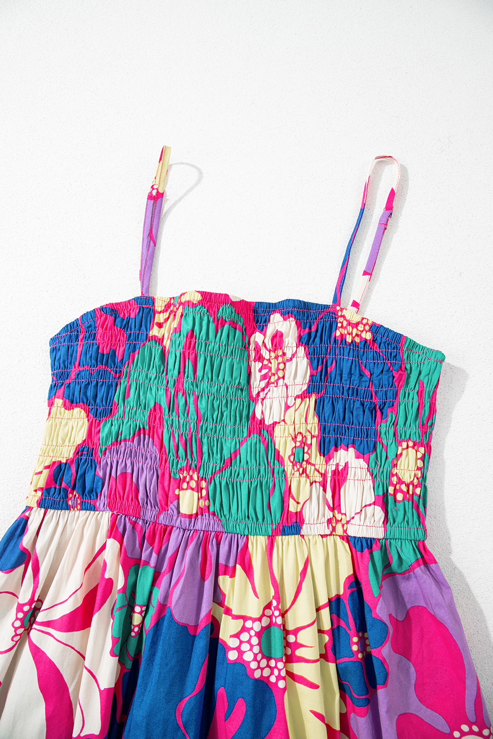 Purple Floral Print Shirred Spaghetti Strap Loose Maxi Dress - Image 7