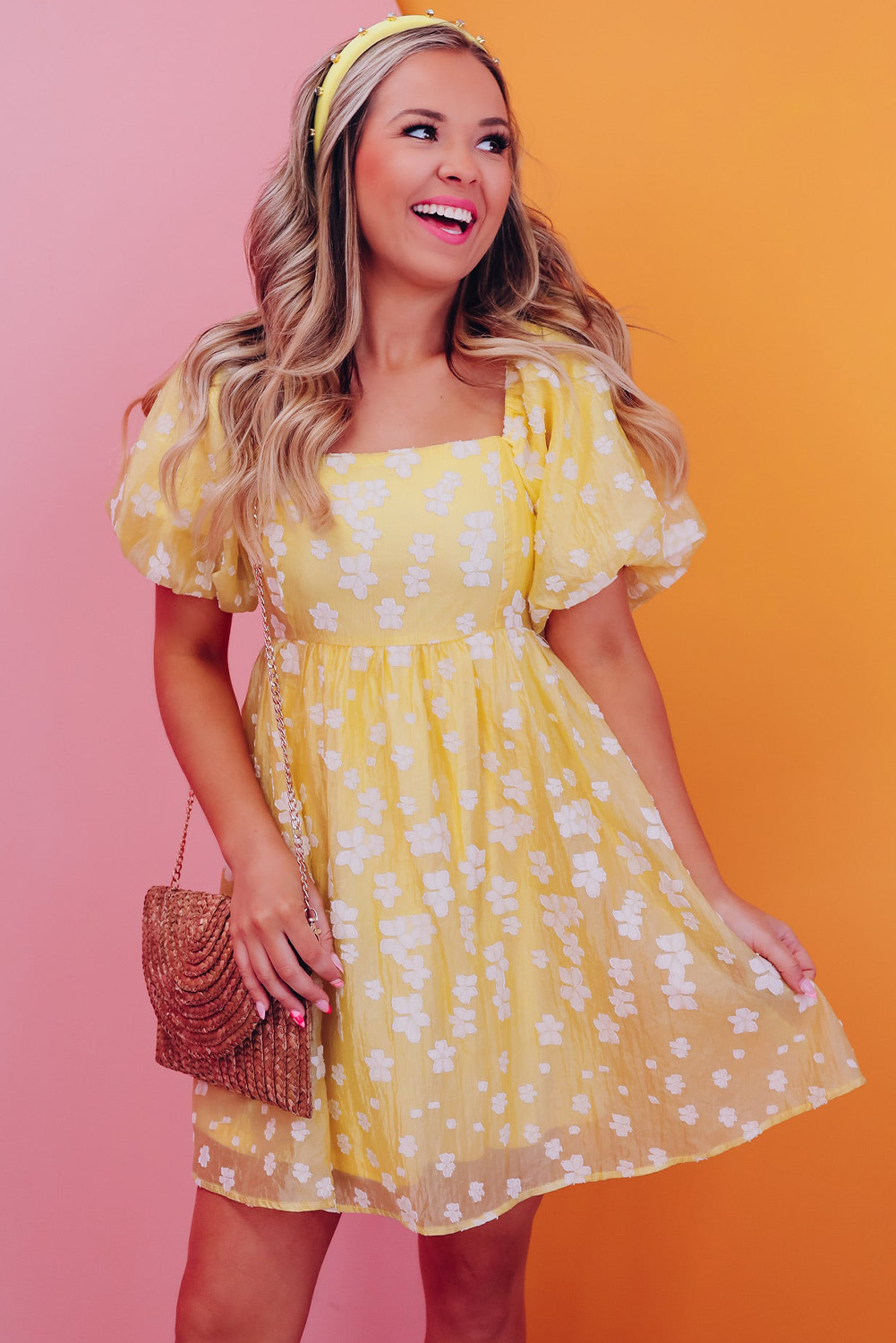 Yellow Boho Flower Jacquard Puff Sleeve Square Neck Mini Dress - Image 4