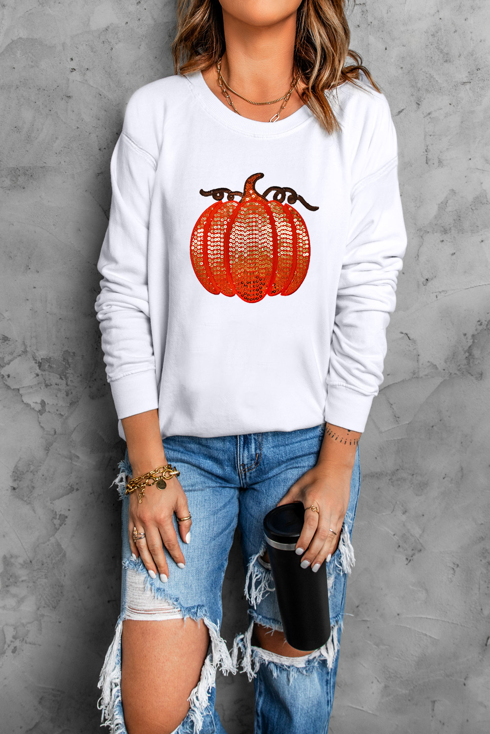 White Sequin Pumpkin Patched Casual Pullover Graphic Sweatshirt - Image 7