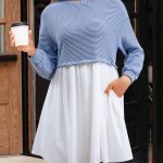 Sky Blue Stripe Patchwork Pleated High Waist Loose Mini Dress