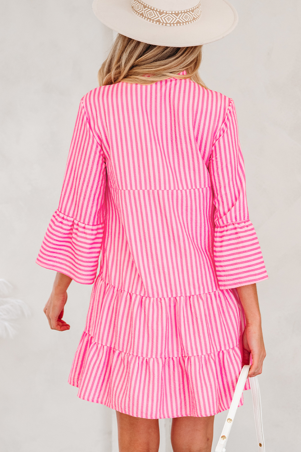 Pink Stripe Flare Sleeve Half Placket Tiered Flowy Mini Dress - Image 2