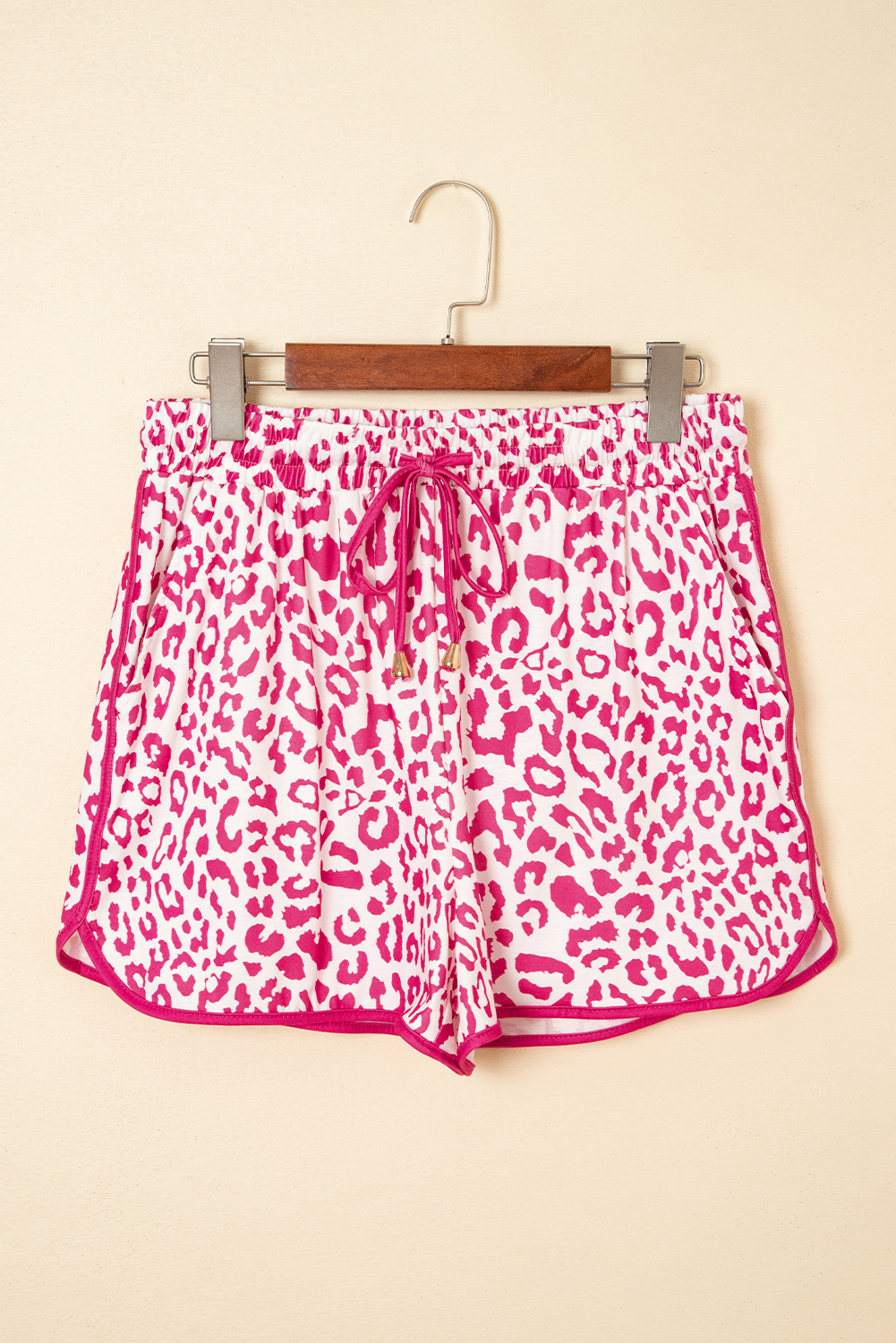 Pink Leopard Elastic Waistband Lace up Contrast Trim Casual Shorts - Image 4