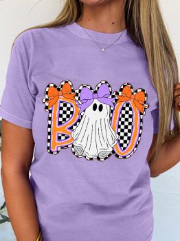 Wisteria Boo Checkered Bow Ghost Halloween Graphic Tee