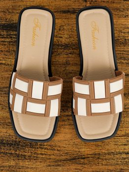 Beige Two Tone Contrast PU Leather Square Toe Slippers