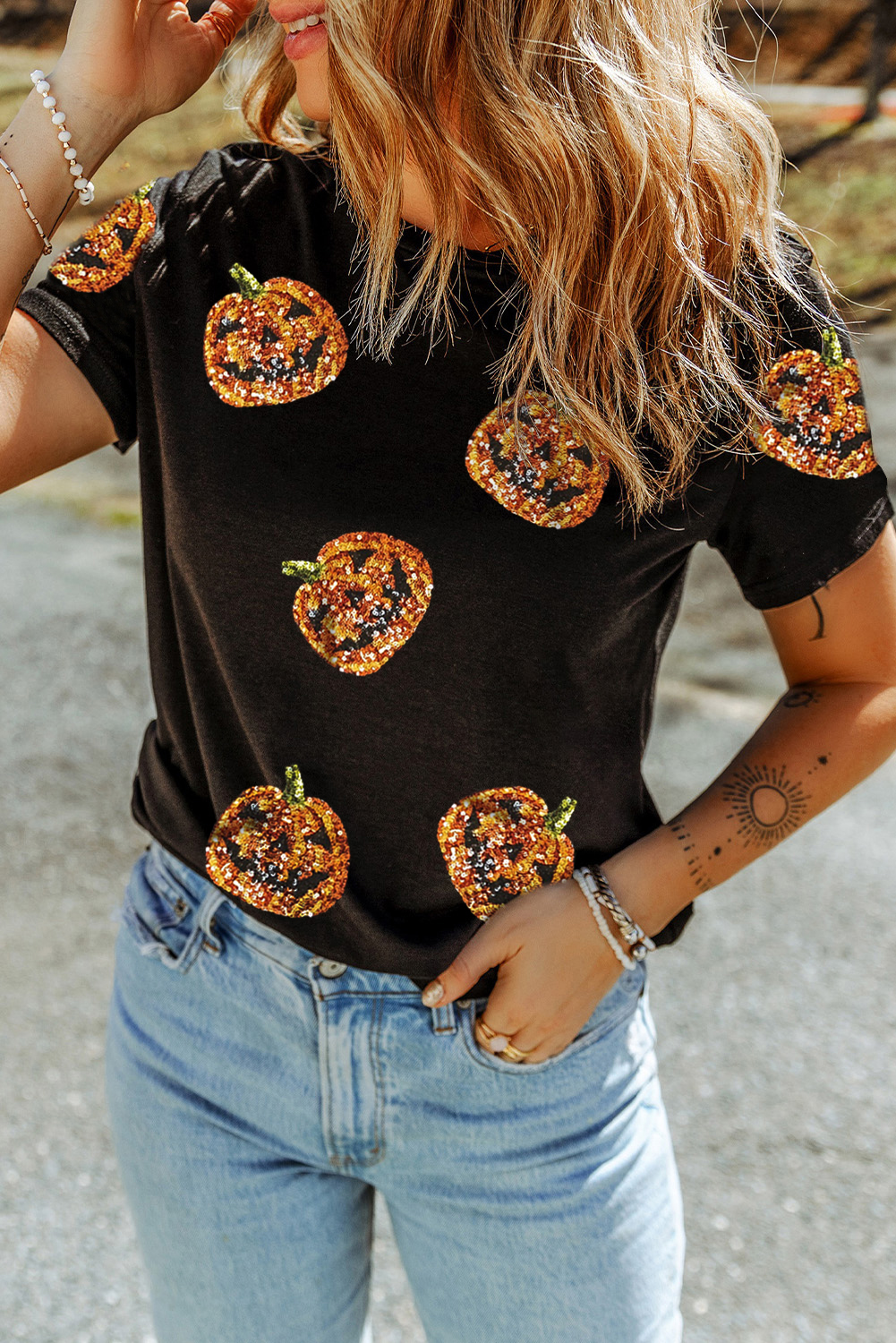 Black Sequin Pumpkin Face Halloween T Shirt - Image 4