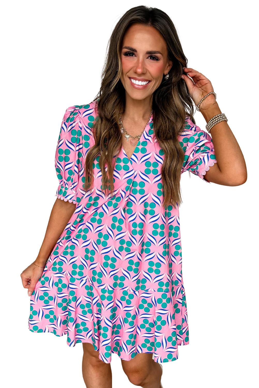 Pink Geometric Floral Print V Neck Ricrac Trim Short Sleeve Mini Dress - Image 7