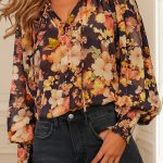 Black Floral V Neck Long Puff Sleeve Breezy Blouse