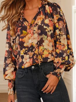 Black Floral V Neck Long Puff Sleeve Breezy Blouse