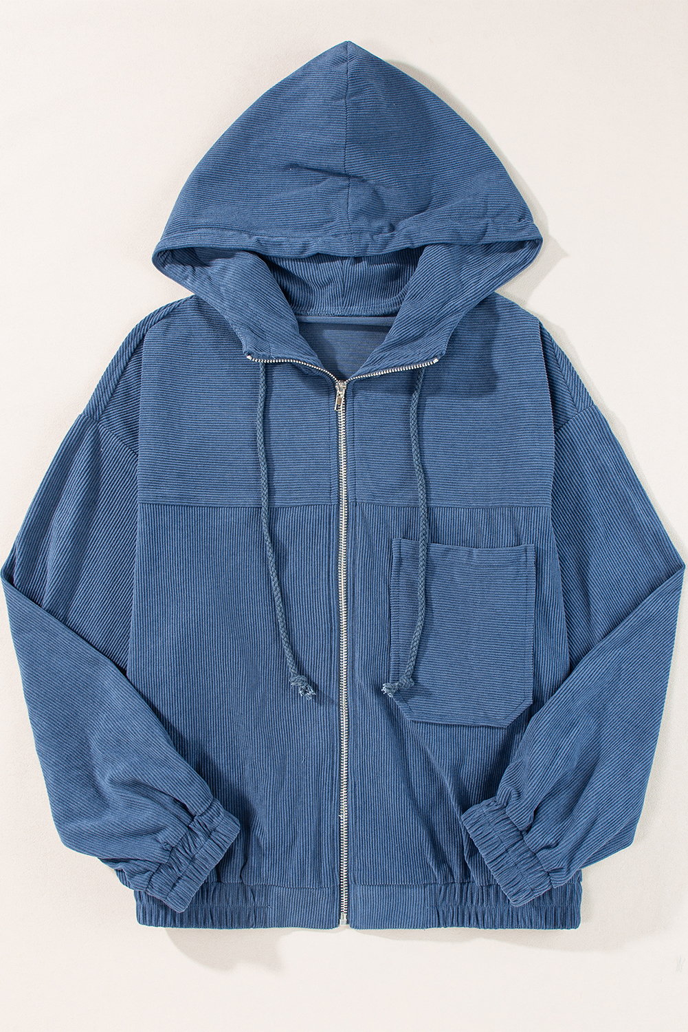 Real Teal Corduroy Drawstring Hooded Pocket Zip Up Jacket - Image 6