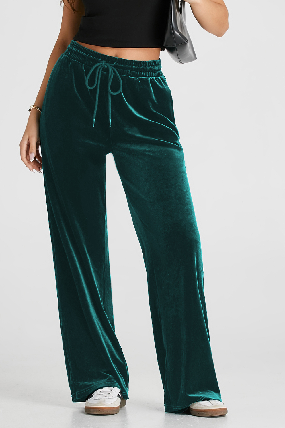 Evergreen Solid Drawstring Waist Wide Leg Pants - Image 3