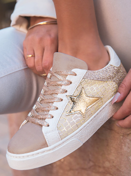 Gold Glitter Star Patchwork PU Leather Lace-up Sneakers