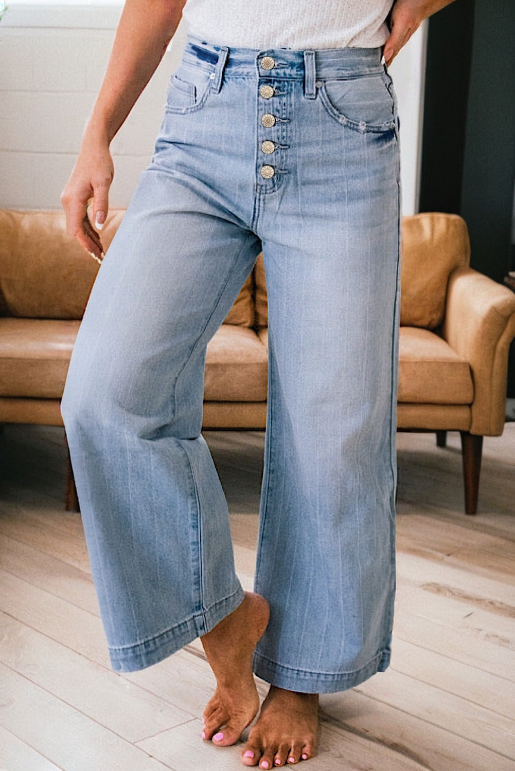 Beau Blue Multi Buttons Pinstripe Wide Leg Jeans - Image 4