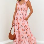 Pink Floral V Neck Smocked High Waist Ruffle Hem Long Dress