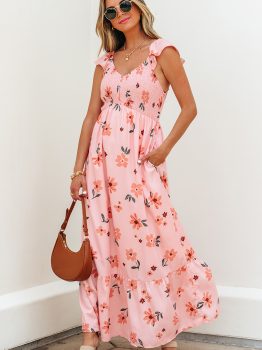 Pink Floral V Neck Smocked High Waist Ruffle Hem Long Dress
