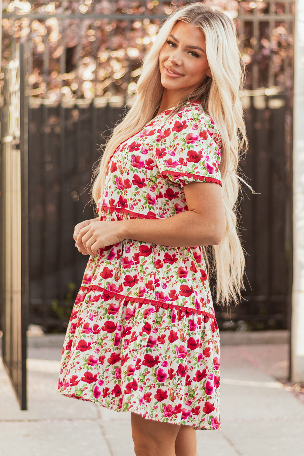 Red Floral Puff Sleeve Tiered Ric Rac Pocketed Mini Dress - Image 3