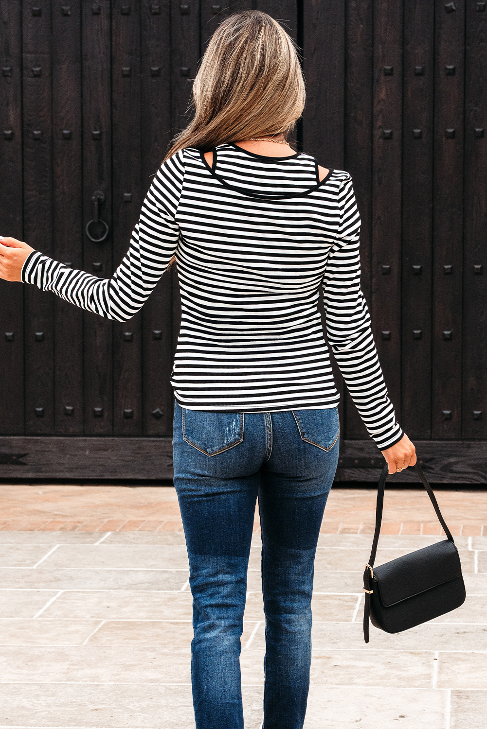 Black Stripe Double-layer Cold Shoulder Long Sleeve Top - Image 2