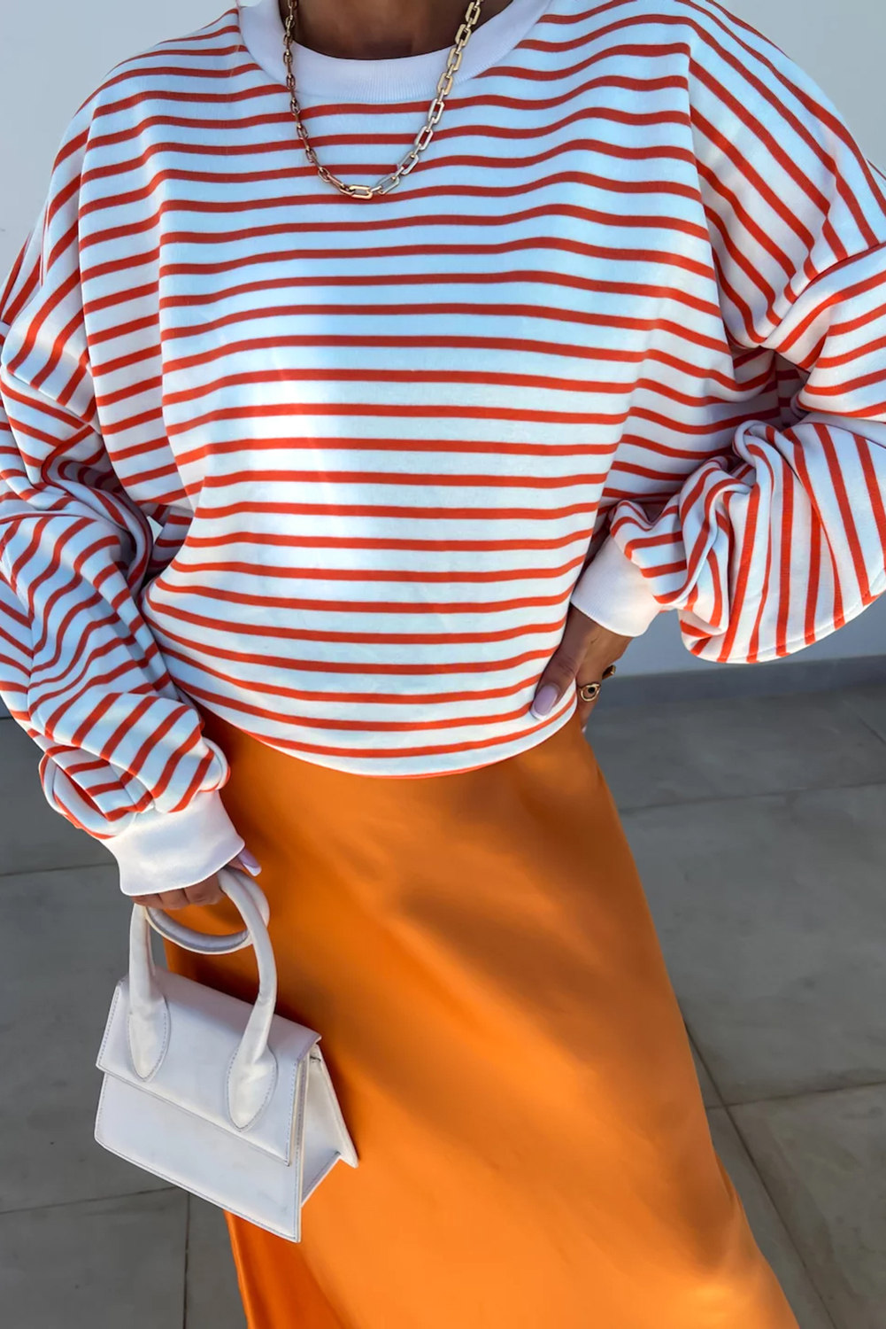Orange Stripe Drop Shoulder Crew Neck Loose Sweatshirt - Image 7