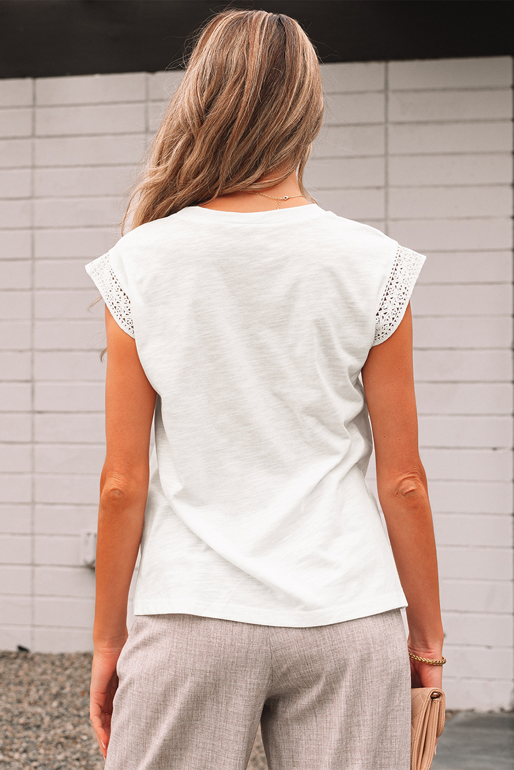 White Lace Patchwork Cap Sleeve Round Neck T Shirt - Image 2