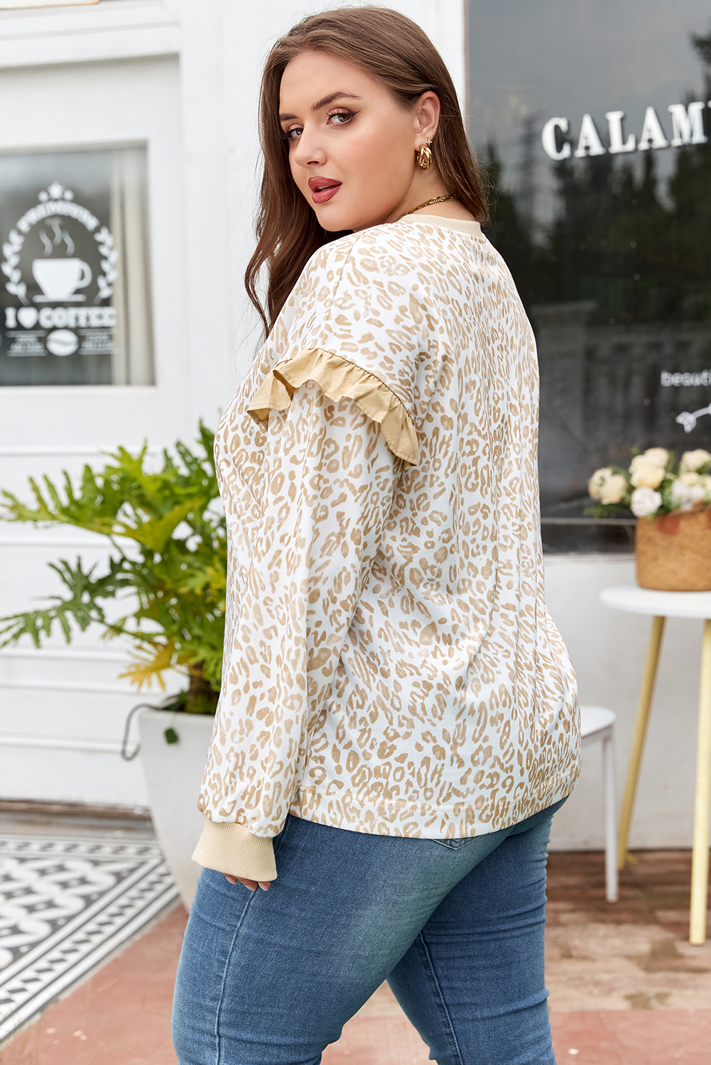 Khaki Plus Size Ruffled Arm Leopard Sweatshirt - Image 2
