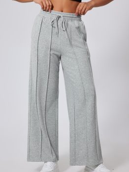 Gray Seamed Drawstring High Waist Wide Leg Sweatpants