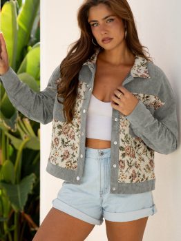 Medium Grey Ribbed Retro Floral Patchwork Shirt Style Jacket