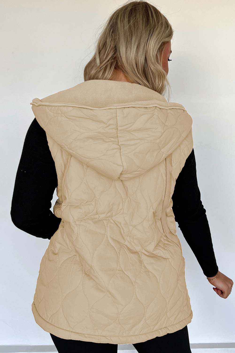 Pale Khaki Quilted Padded Casual Winter Jacket Vest with Fleece Lining - Image 2