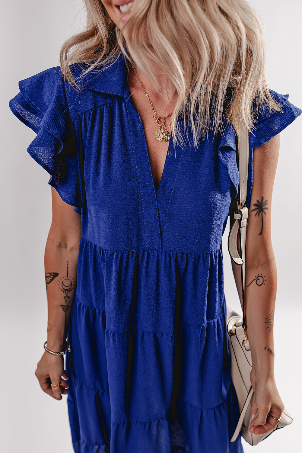 Bluing Ruffled Short Sleeve Collared V Neck Tiered Midi Dress - Image 6
