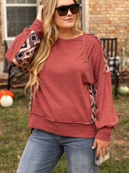 Redwood Burl Aztec Patchwork Drop Shoulder Plus Size High Low Sweatshirt