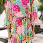 Green Multicolor Botanical Bubble Sleeve Mini Dress