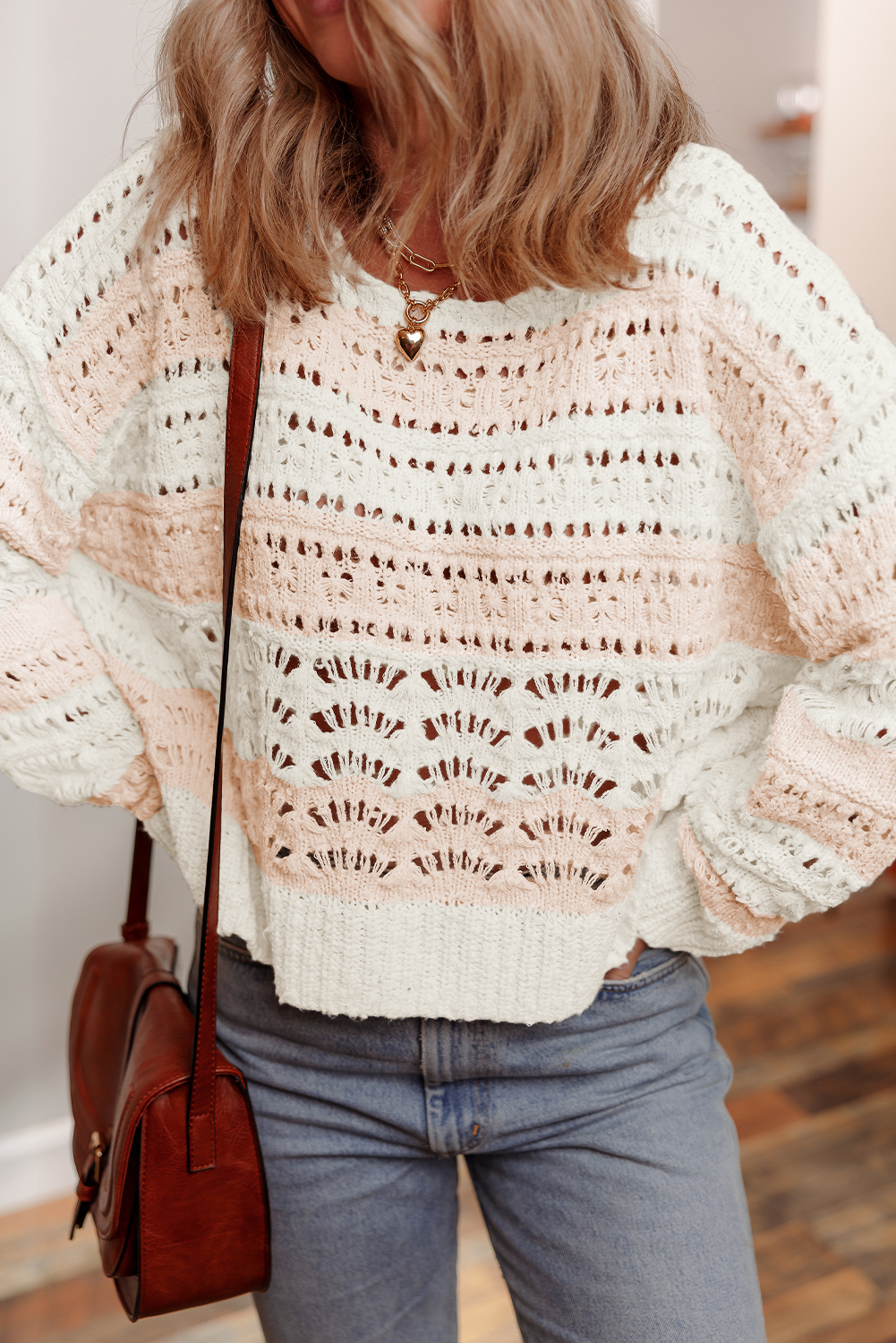 Pink Hollow-out Colorblock Drop Shoulder Casual Sweater - Image 4