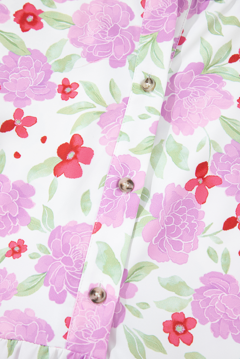 Pink Floral Print Striped Trim Frilled Neck 3/4 Sleeve Flared Mini Dress - Image 6