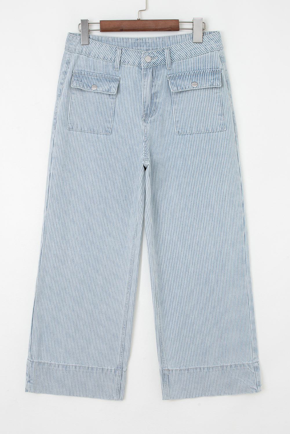 Sky Blue Stripe Button Flap Pocket Cuffed Hem Wide Leg Jeans - Image 4
