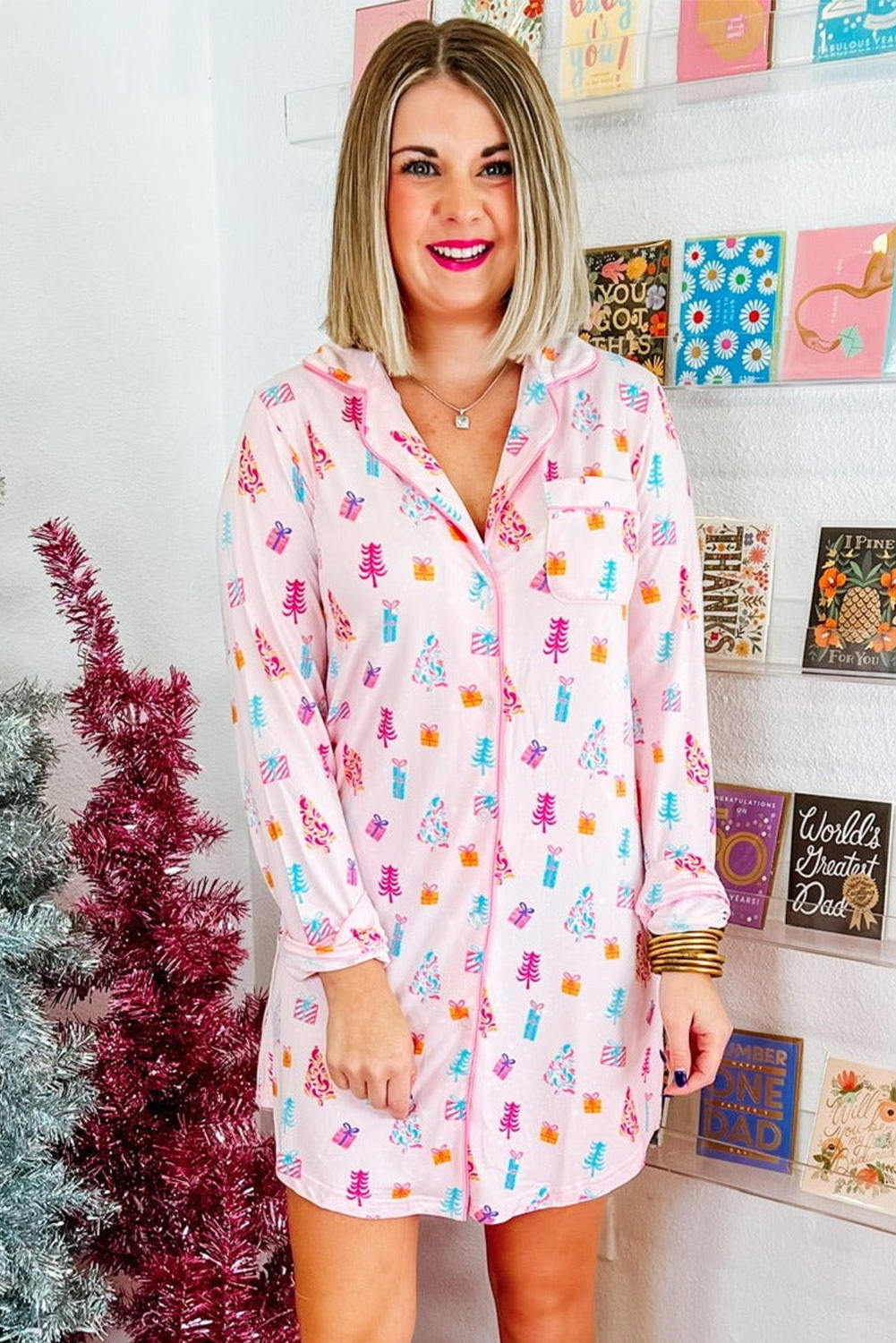 Pink Christmas Twinkle Tree Print Shirt Sleep Dress - Image 6